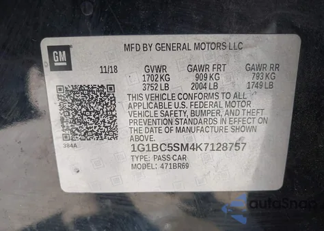 2019 Chevrolet Cruze Ls from USA, damaged, VIN 1G1BC5SM4K7128757